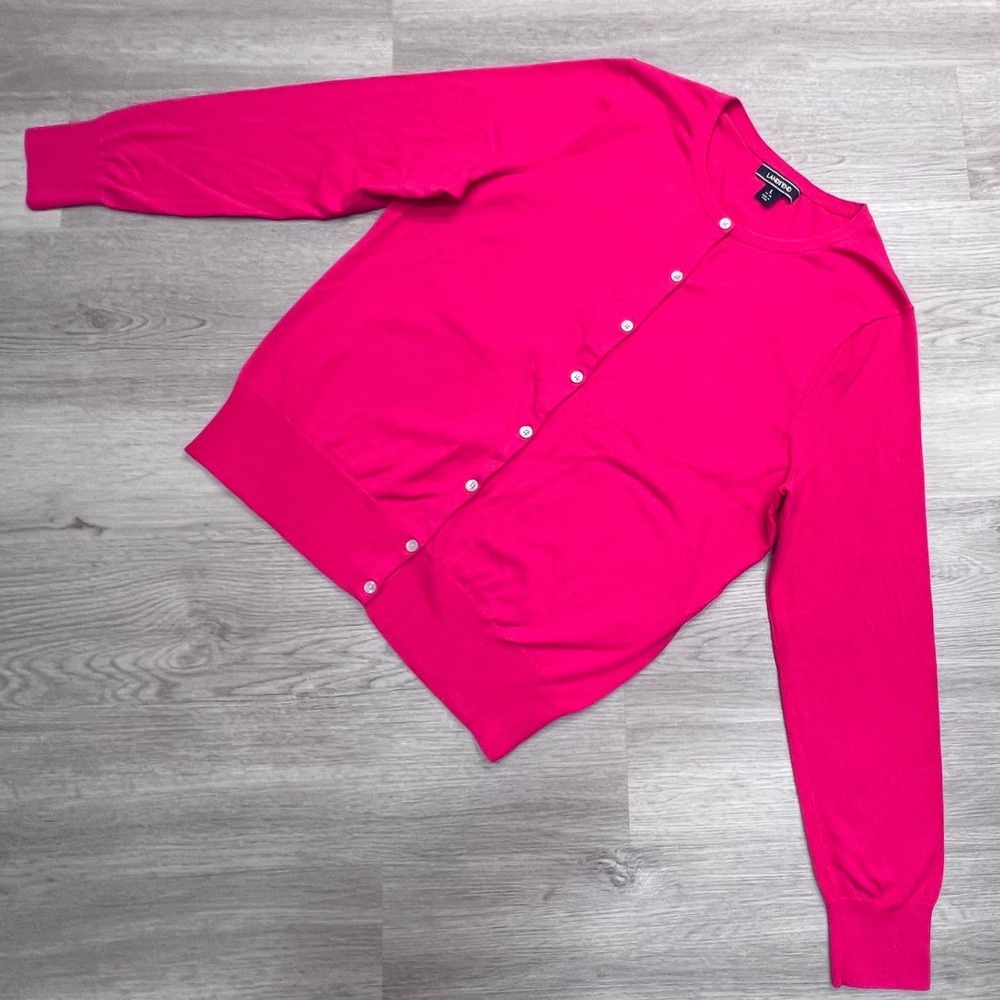 Lands End Womens Hot Pink Cotton Blend Button Front Cardigan Sweater L 14-16